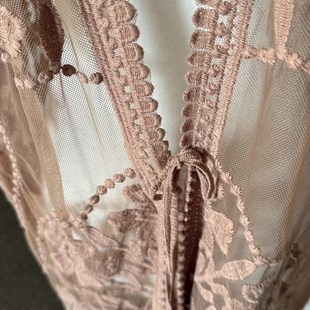 Umgee Sheer Lace Cardigan‎ in Tan/taupe brown SZ S mesh kimono fall festival
